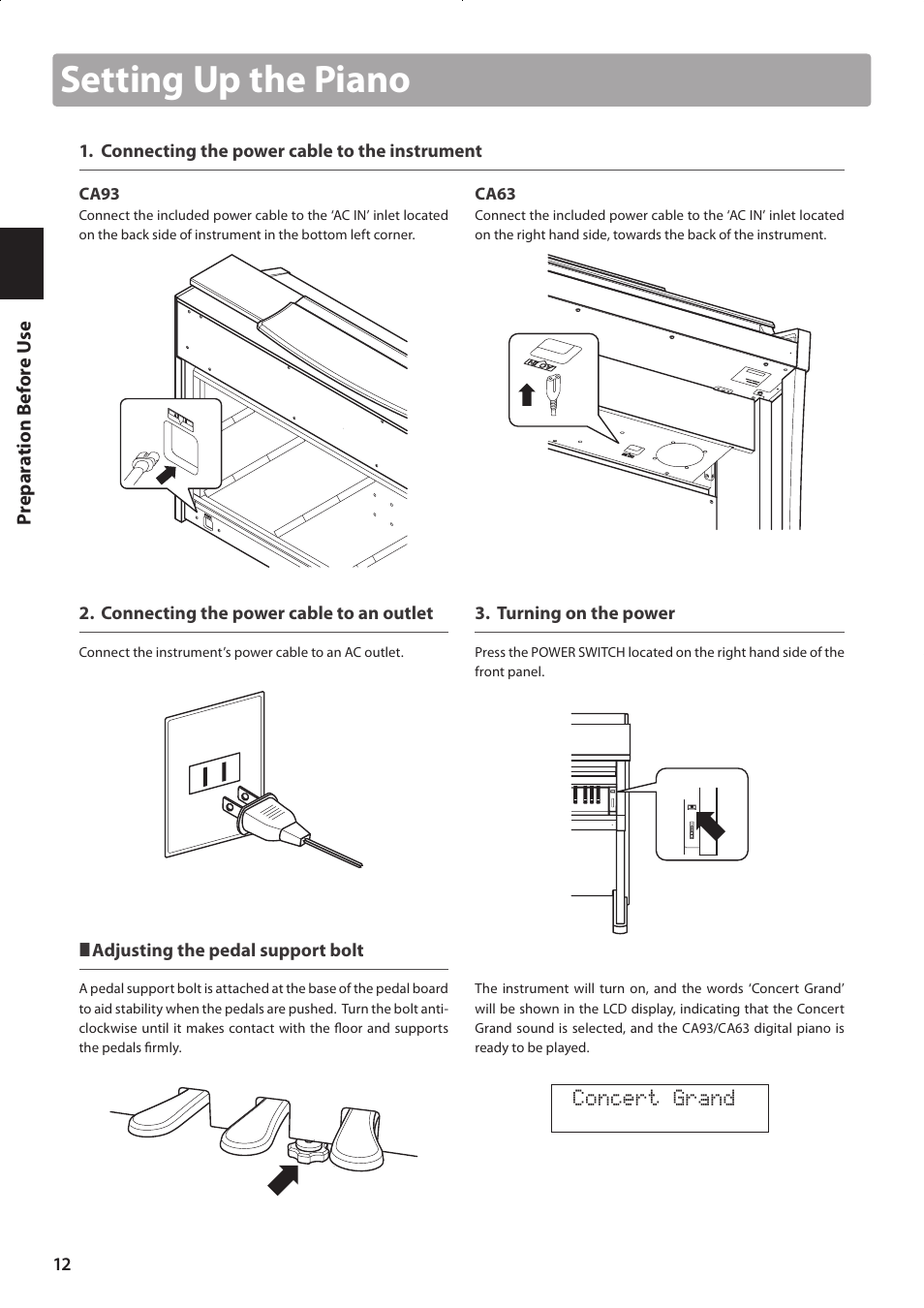 Setting up the piano, Concert grand | Kawai CONCERT ARTIST CA63 User Manual | Page 12 / 96