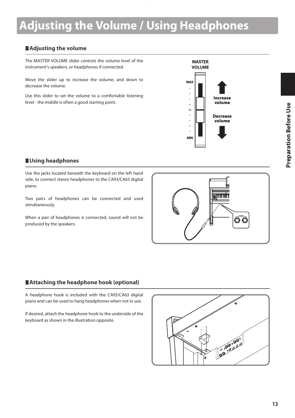 Adjusting the volume / using headphones, Prepar at ion before u se | Kawai CONCERT ARTIST CA63 User Manual | Page 13 / 96