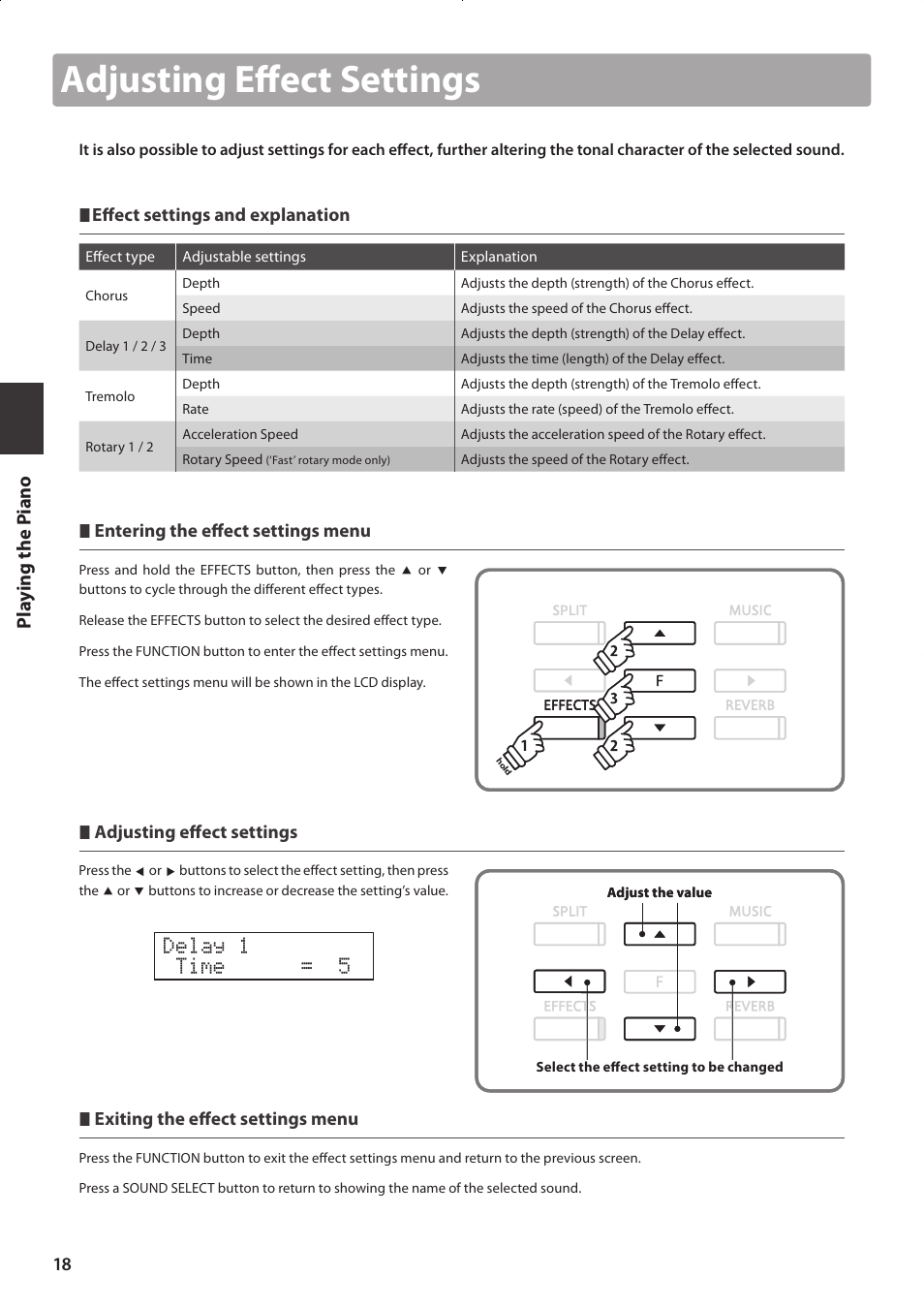 Adjusting effect settings, Delay 1 time = 5, Pla y ing the p iano | Kawai CONCERT ARTIST CA63 User Manual | Page 18 / 96