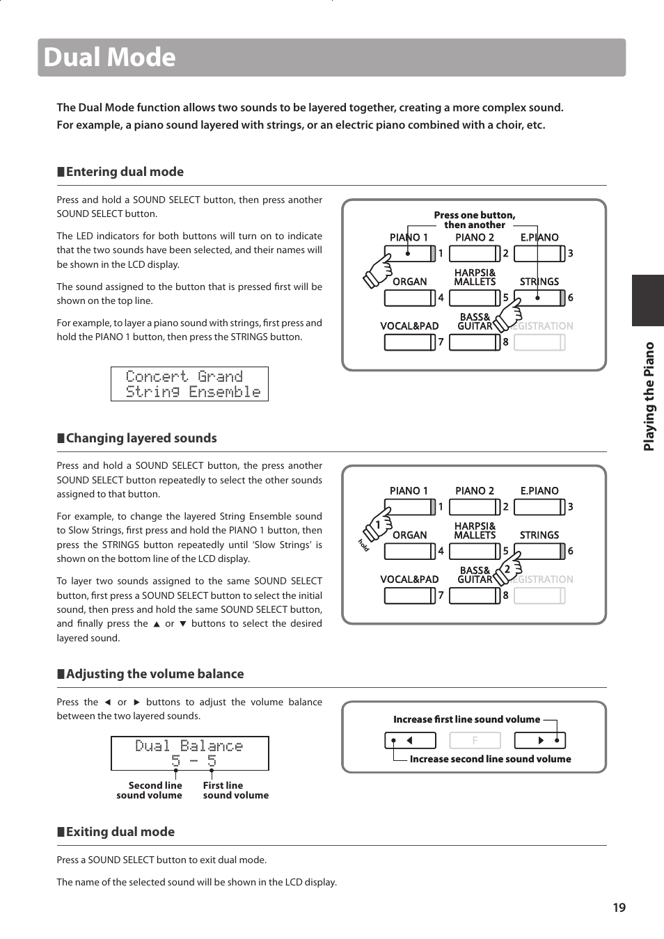 Dual mode, Concert grand string ensemble, Dual balance 5 - 5 | Pla y ing the p iano | Kawai CONCERT ARTIST CA63 User Manual | Page 19 / 96
