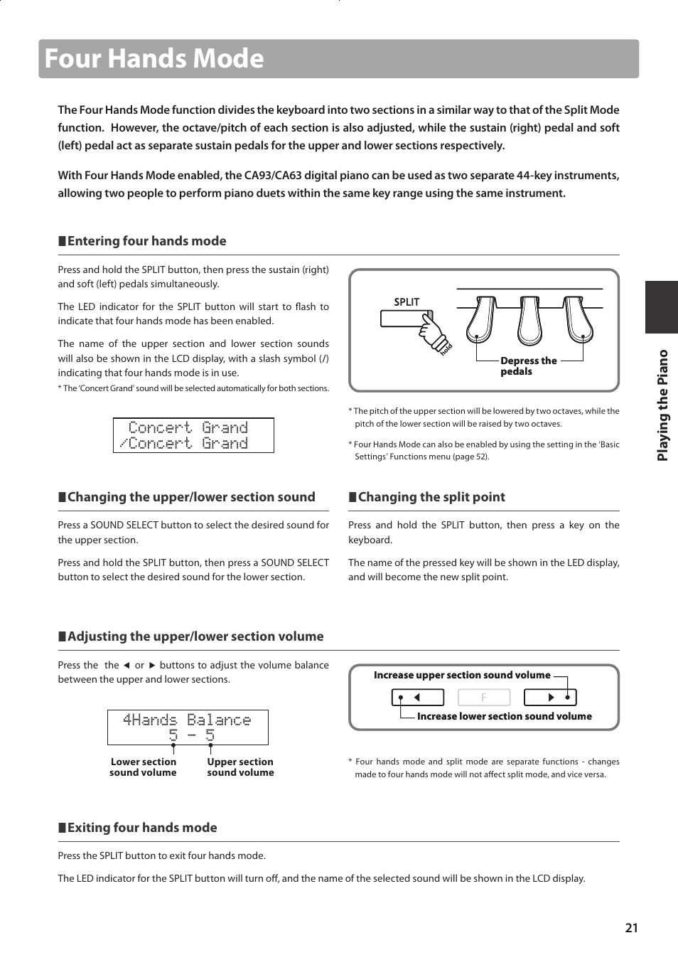 Four hands mode, Concert grand /concert grand, 4hands balance 5 - 5 | Pla y ing the p iano | Kawai CONCERT ARTIST CA63 User Manual | Page 21 / 96