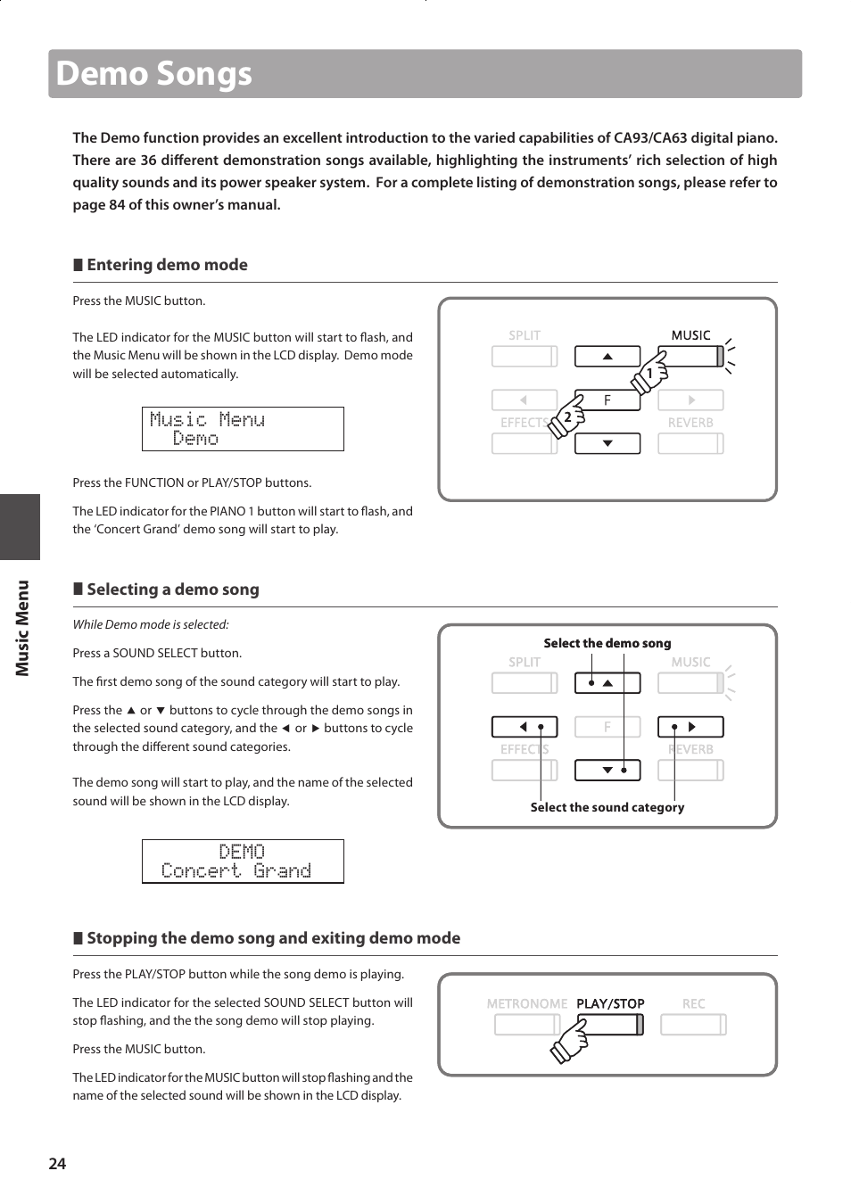 Demo songs, Music menu demo, Demo concert grand | Kawai CONCERT ARTIST CA63 User Manual | Page 24 / 96