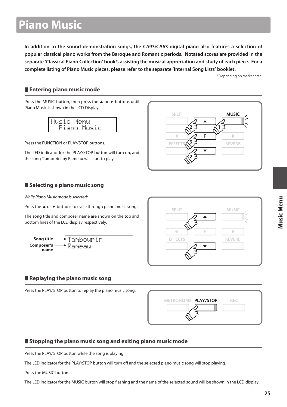 Piano music, Music menu piano music, Tambourin rameau | Kawai CONCERT ARTIST CA63 User Manual | Page 25 / 96