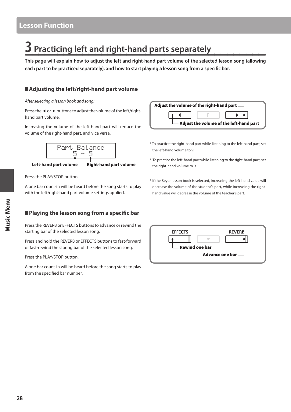 Practicing left and right-hand parts separately, Lesson function, Part balance 5 - 5 | Music men u | Kawai CONCERT ARTIST CA63 User Manual | Page 28 / 96