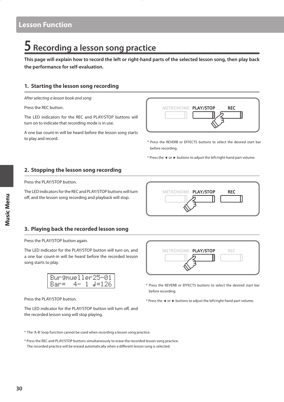 Recording a lesson song practice, Lesson function | Kawai CONCERT ARTIST CA63 User Manual | Page 30 / 96