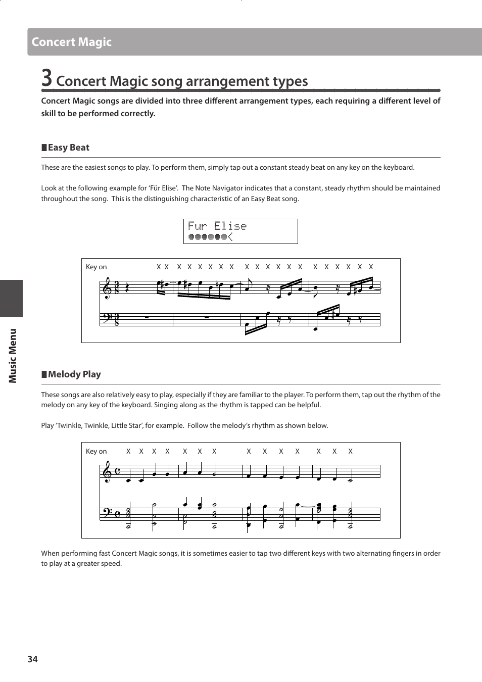 Concert magic song arrangement types, Concert magic, Music men u | Kawai CONCERT ARTIST CA63 User Manual | Page 34 / 96
