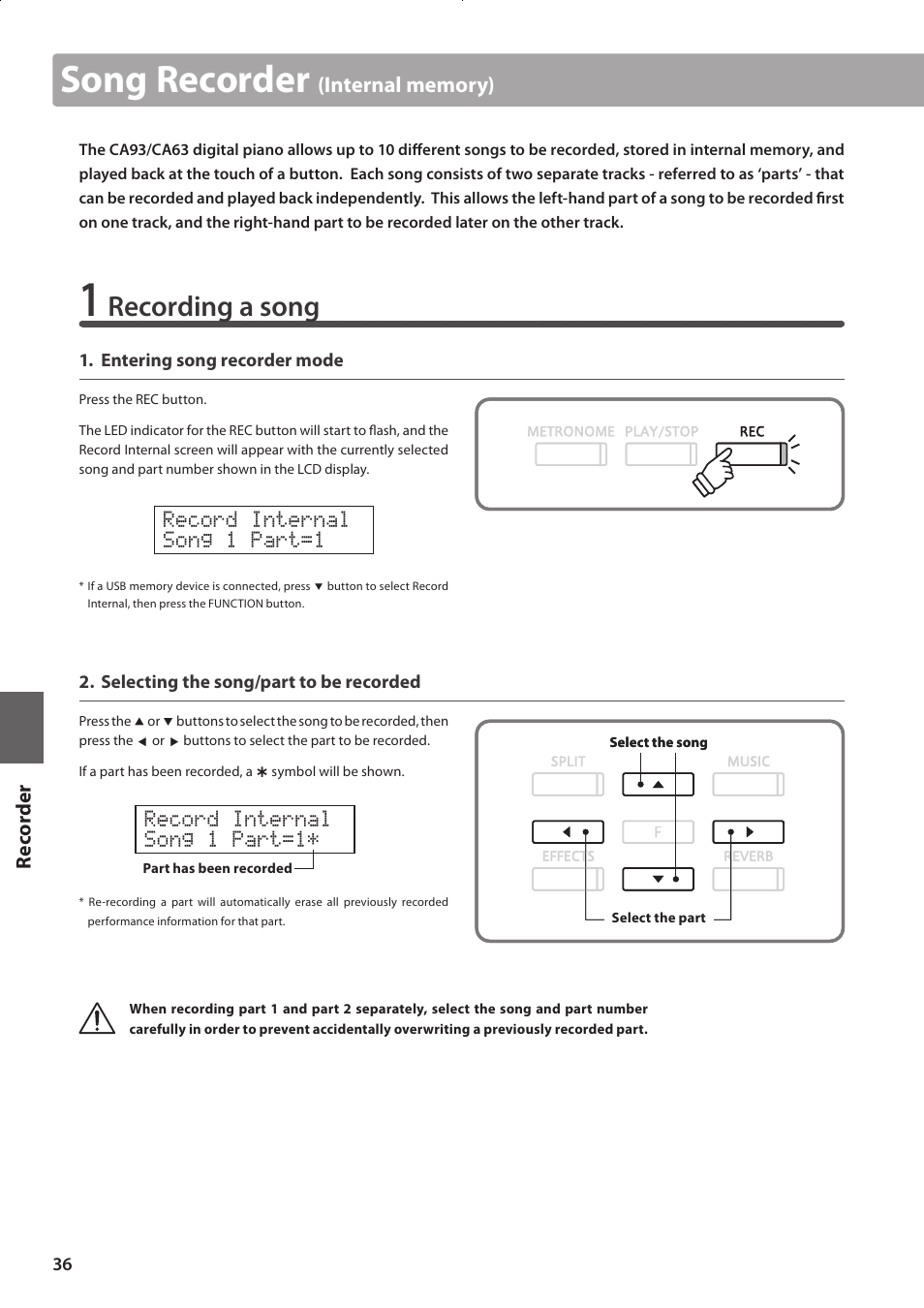 Song recorder, Recording a song | Kawai CONCERT ARTIST CA63 User Manual | Page 36 / 96