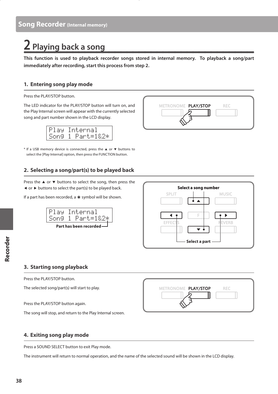 Playing back a song, Song recorder | Kawai CONCERT ARTIST CA63 User Manual | Page 38 / 96