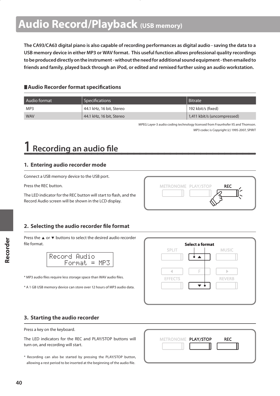Audio record/playback, Recording an audio file, Re corde r | Record audio format = mp3 | Kawai CONCERT ARTIST CA63 User Manual | Page 40 / 96