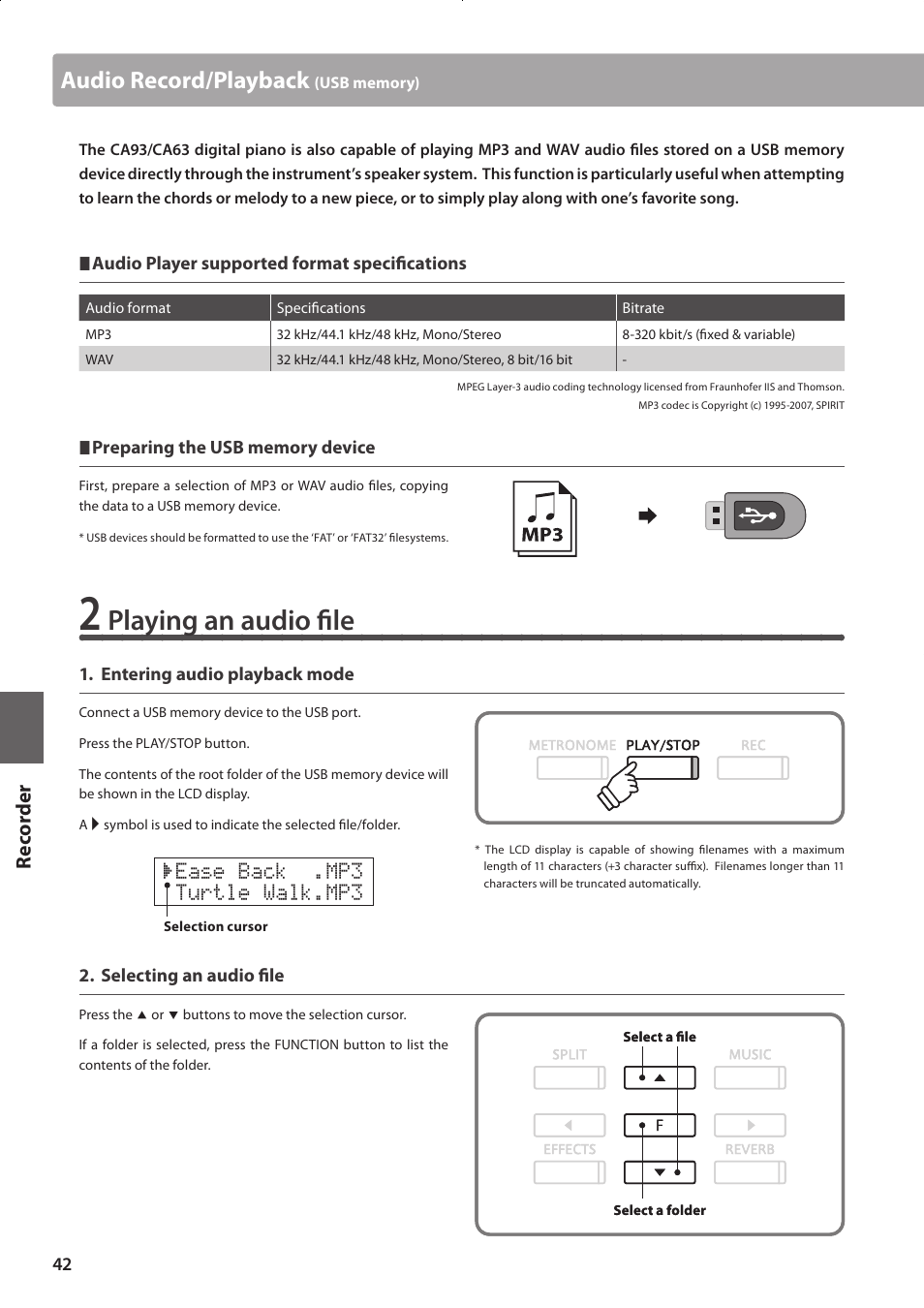 Playing an audio file, Audio record/playback, Re corde r | Ease back .mp3 turtle walk.mp3 | Kawai CONCERT ARTIST CA63 User Manual | Page 42 / 96