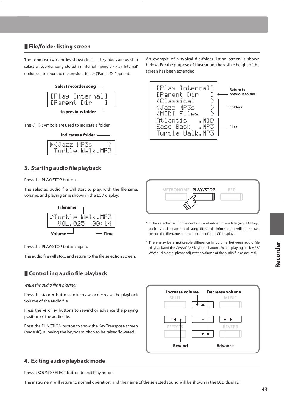 Re corde r, Play internal] [parent dir, Jazz mp3s > turtle walk.mp3 | Kawai CONCERT ARTIST CA63 User Manual | Page 43 / 96