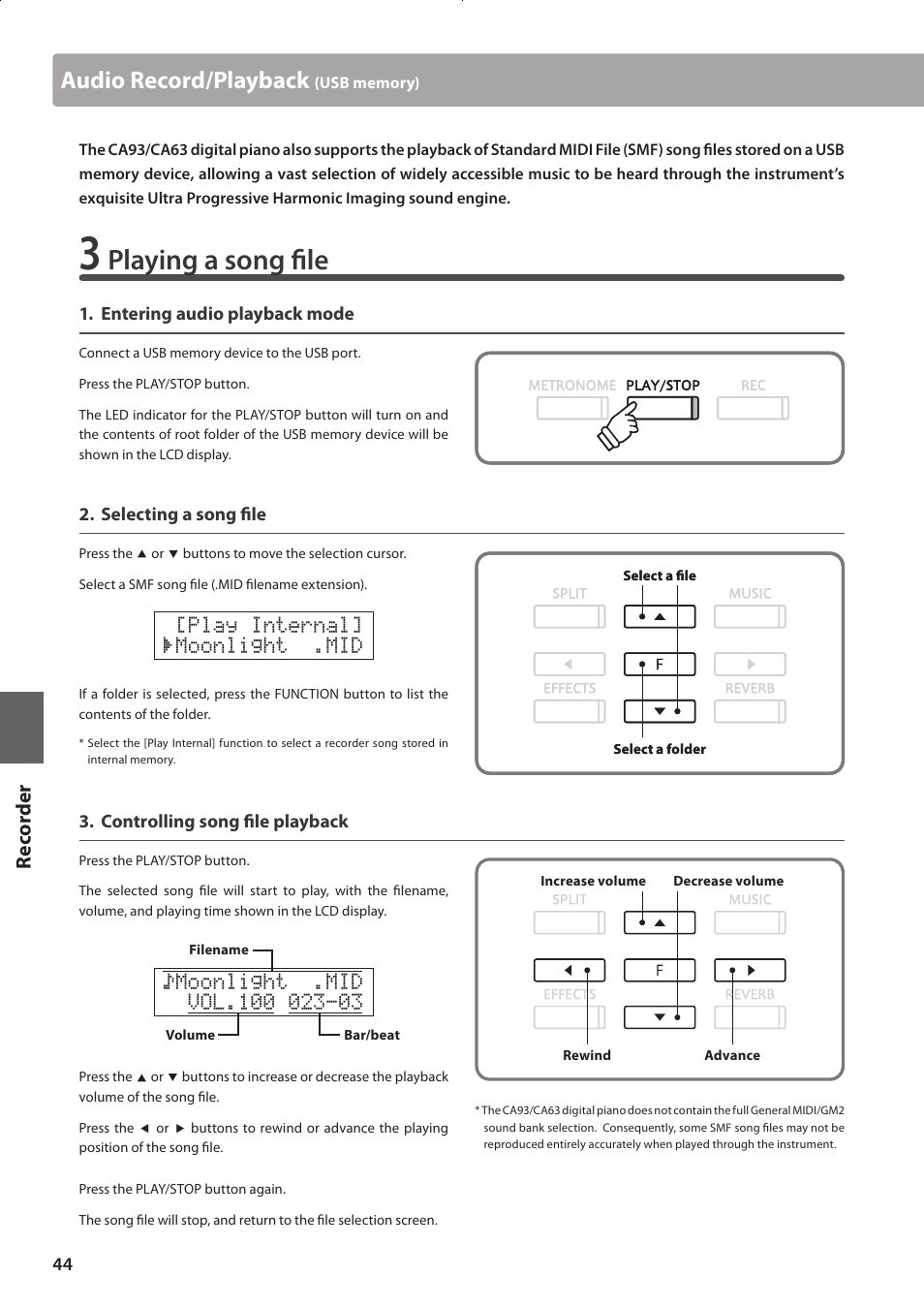 Playing a song file, Audio record/playback, Re corde r | Play internal] ‚moonlight .mid | Kawai CONCERT ARTIST CA63 User Manual | Page 44 / 96