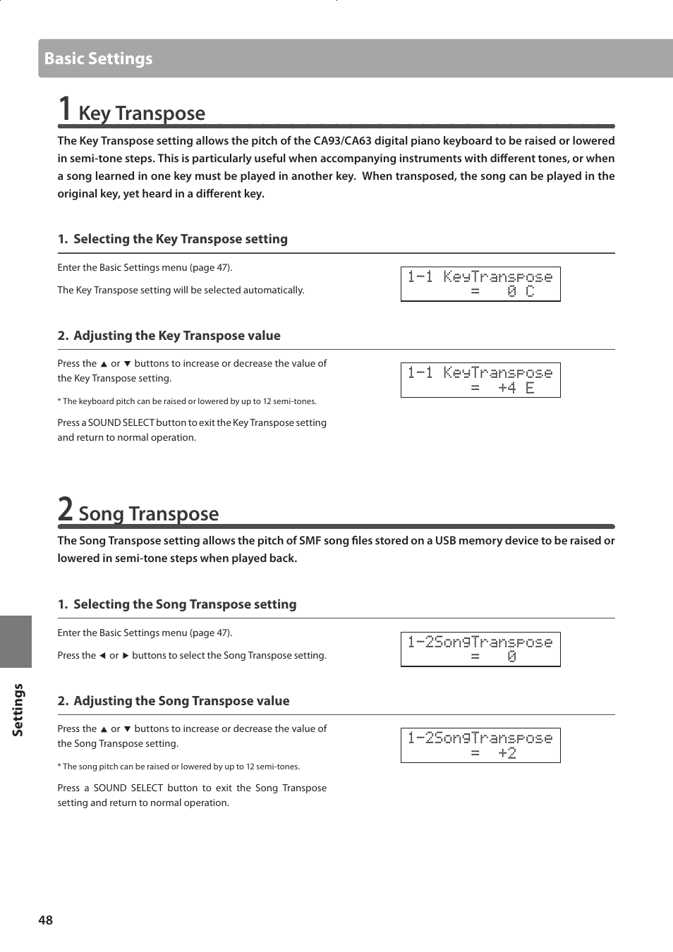 Key transpose, Song transpose, Basic settings | Kawai CONCERT ARTIST CA63 User Manual | Page 48 / 96