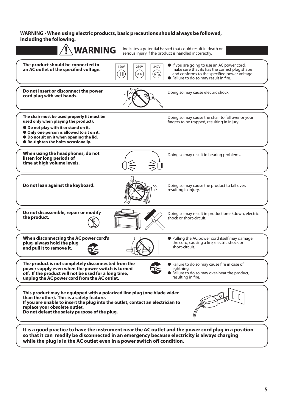 Warning | Kawai CONCERT ARTIST CA63 User Manual | Page 5 / 96