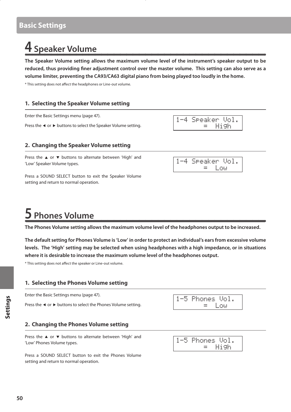 Speaker volume, Phones volume, Basic settings | Kawai CONCERT ARTIST CA63 User Manual | Page 50 / 96