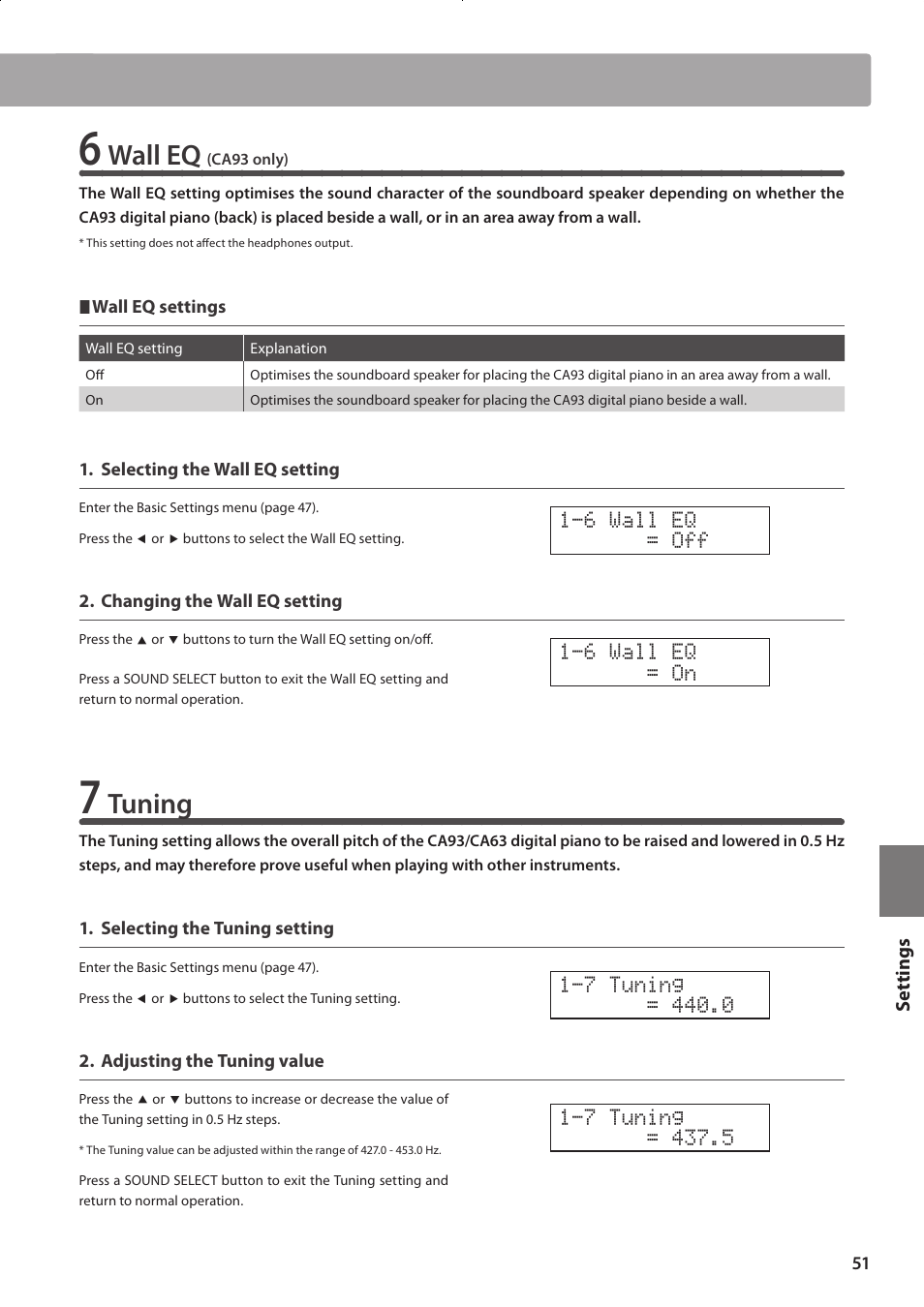 Wall eq, Tuning | Kawai CONCERT ARTIST CA63 User Manual | Page 51 / 96