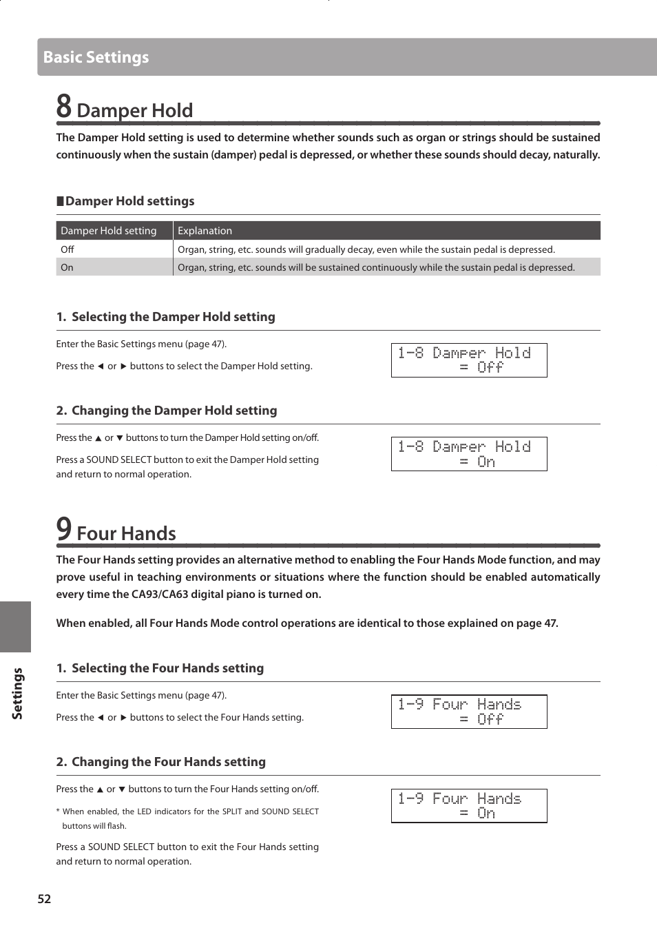 Damper hold, Four hands, Basic settings | Kawai CONCERT ARTIST CA63 User Manual | Page 52 / 96