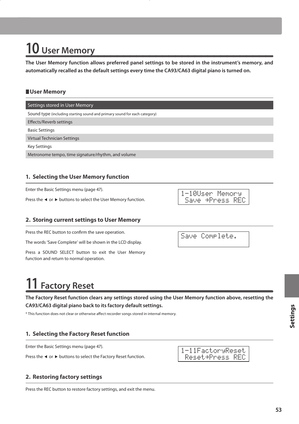 Factory reset | Kawai CONCERT ARTIST CA63 User Manual | Page 53 / 96