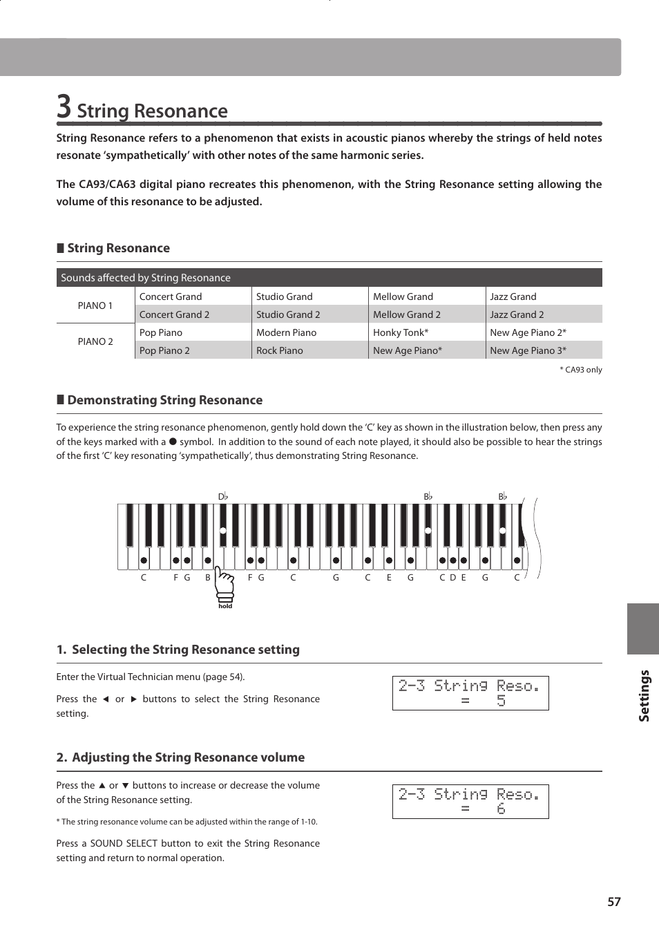 String resonance, Set tings | Kawai CONCERT ARTIST CA63 User Manual | Page 57 / 96