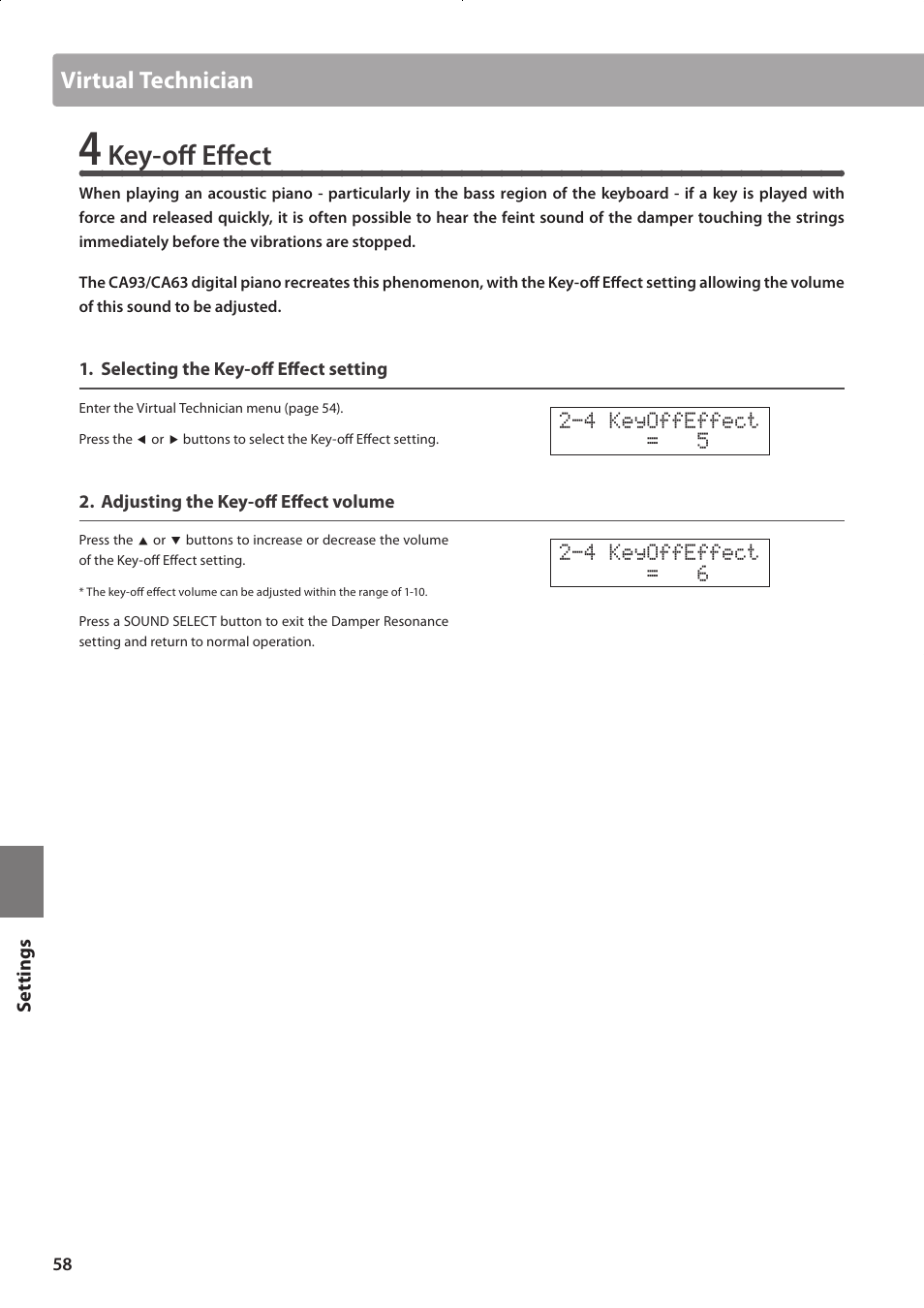 Key-off effect, Virtual technician | Kawai CONCERT ARTIST CA63 User Manual | Page 58 / 96