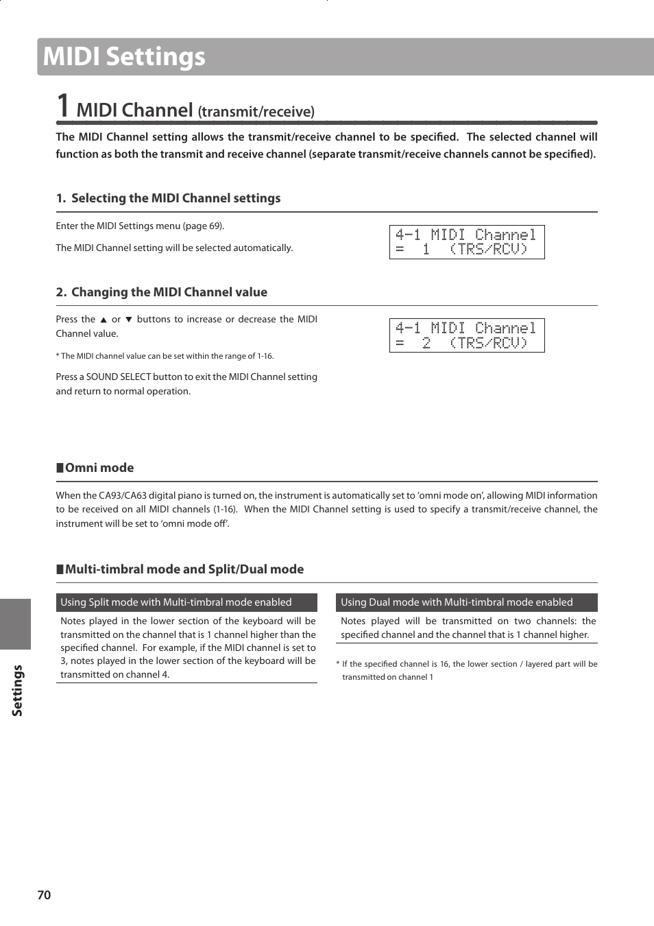 Midi settings, Midi channel | Kawai CONCERT ARTIST CA63 User Manual | Page 70 / 96