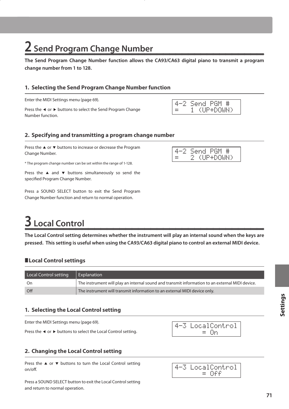 Send program change number, Local control | Kawai CONCERT ARTIST CA63 User Manual | Page 71 / 96