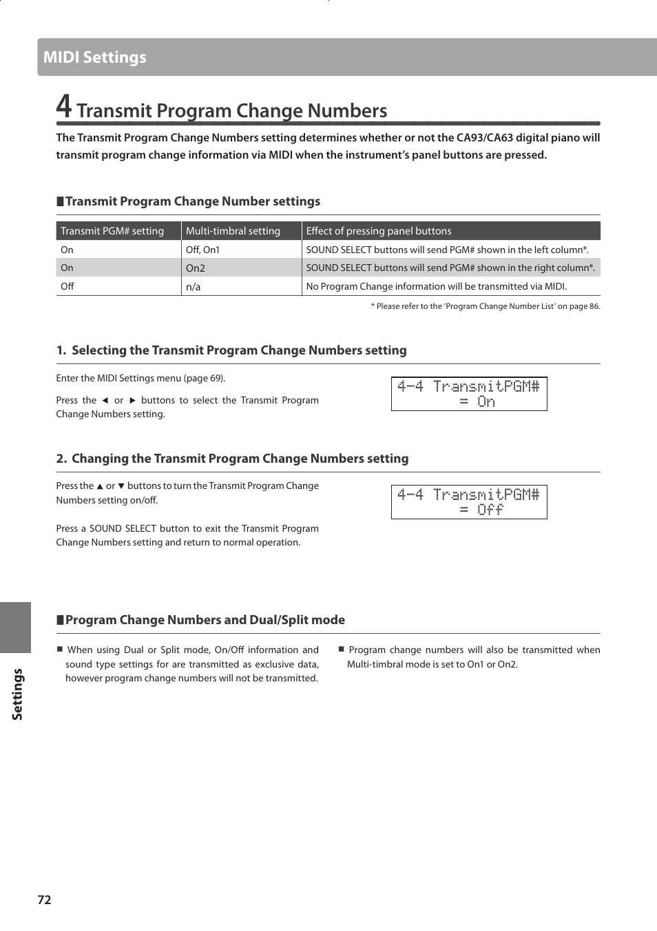 Transmit program change numbers, Midi settings | Kawai CONCERT ARTIST CA63 User Manual | Page 72 / 96