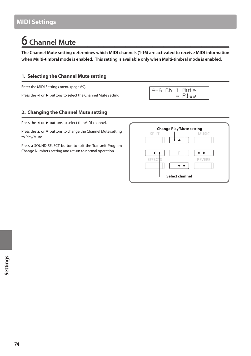 Channel mute, Midi settings | Kawai CONCERT ARTIST CA63 User Manual | Page 74 / 96