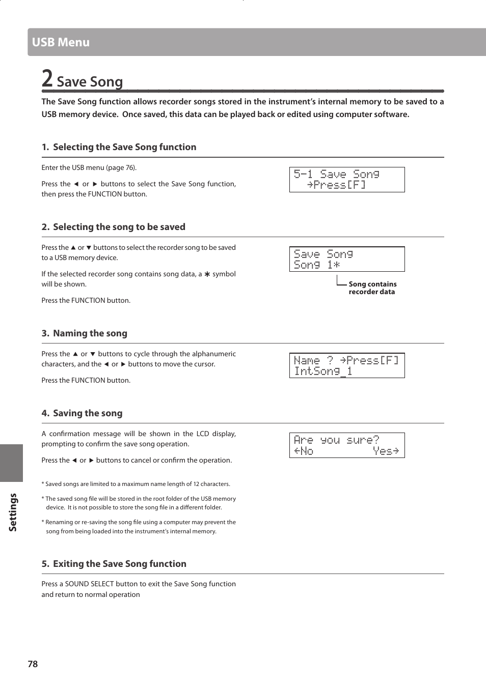Save song, Usb menu | Kawai CONCERT ARTIST CA63 User Manual | Page 78 / 96