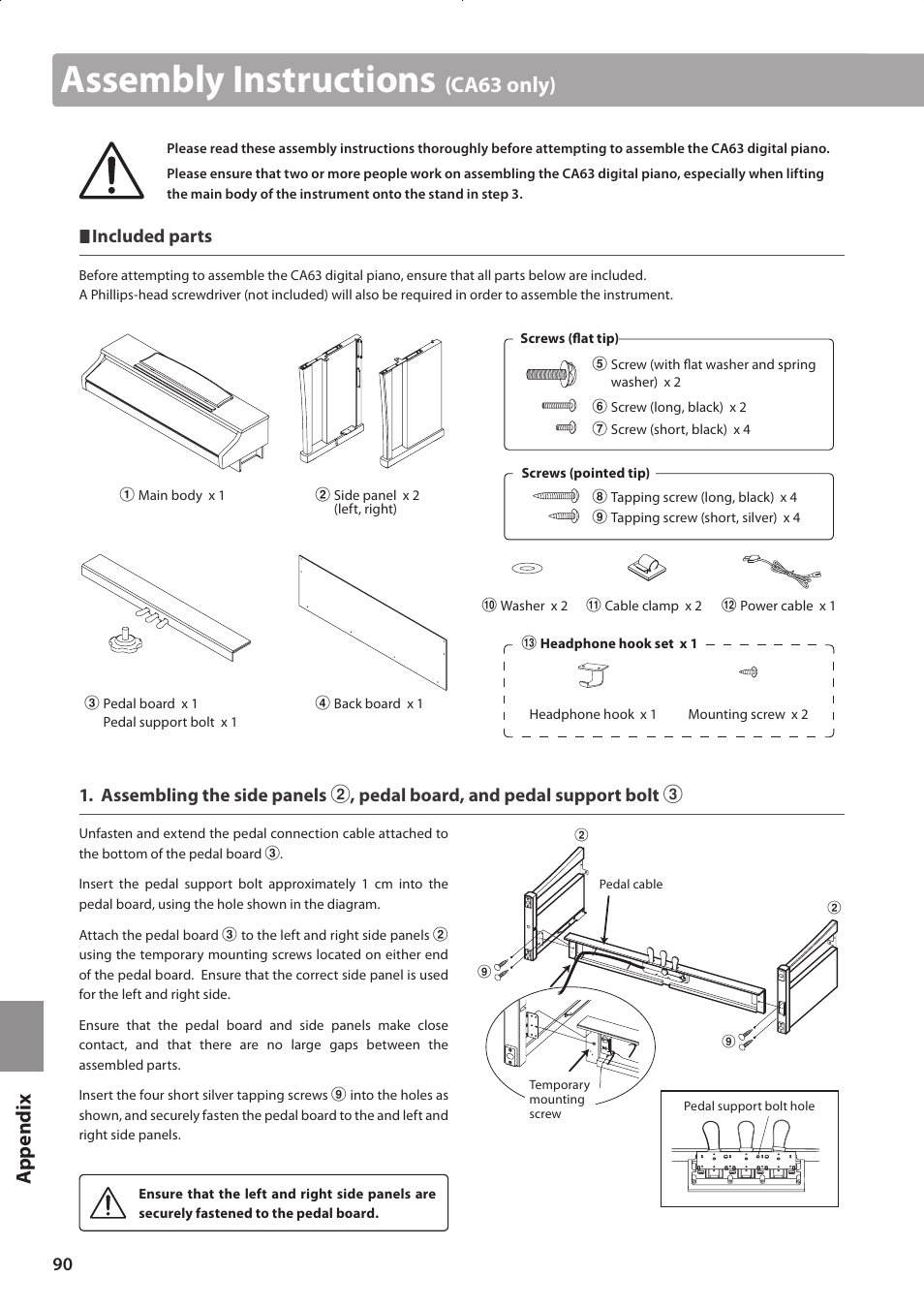 Assembly instructions, Ca63 only), Ap p e nd ix | Kawai CONCERT ARTIST CA63 User Manual | Page 90 / 96