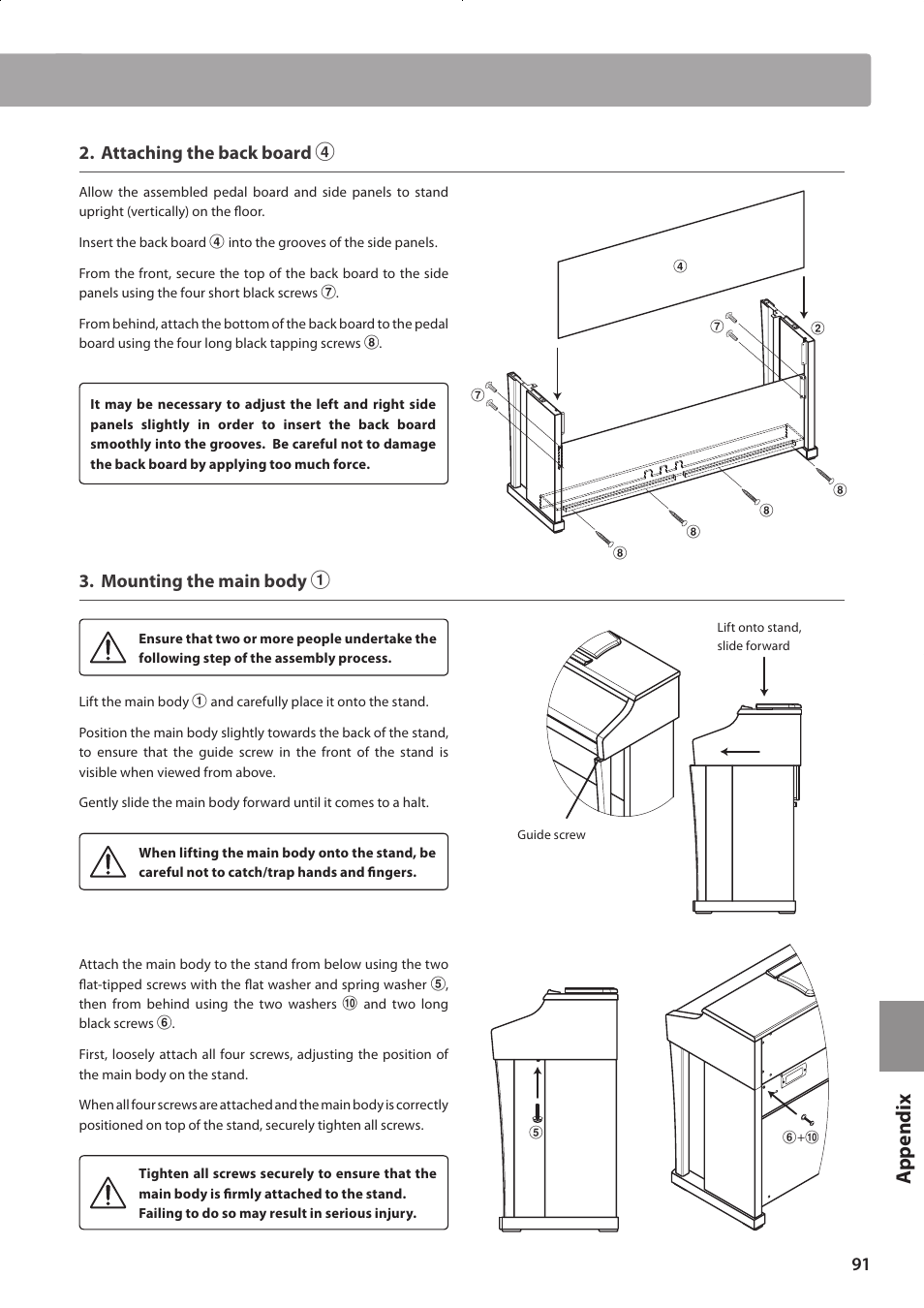 Ap p e nd ix, Attaching the back board d, Mounting the main body a | Kawai CONCERT ARTIST CA63 User Manual | Page 91 / 96