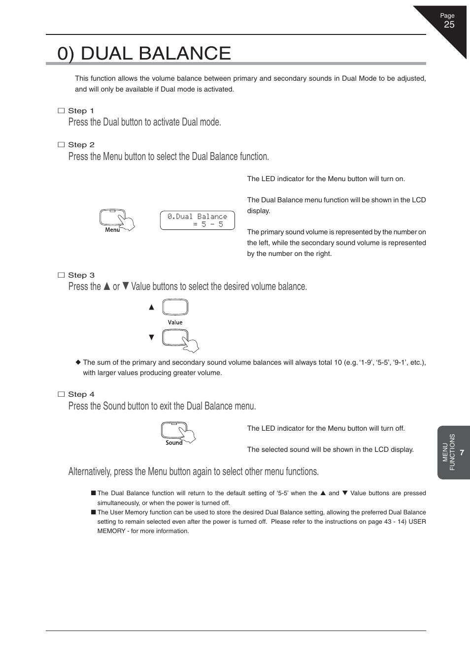 0) dual balance, Press the dual button to activate dual mode | Kawai CA 111 User Manual | Page 25 / 50
