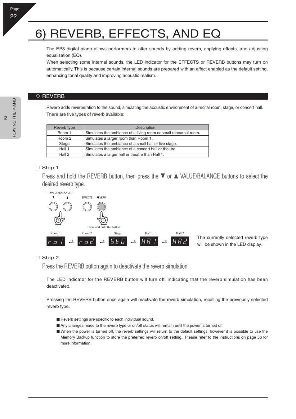 6) reverb, effects, and eq | Kawai EP3 User Manual | Page 22 / 66