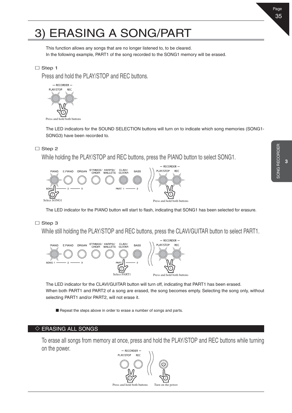 3) erasing a song/part, Press and hold the play/stop and rec buttons | Kawai EP3 User Manual | Page 35 / 66