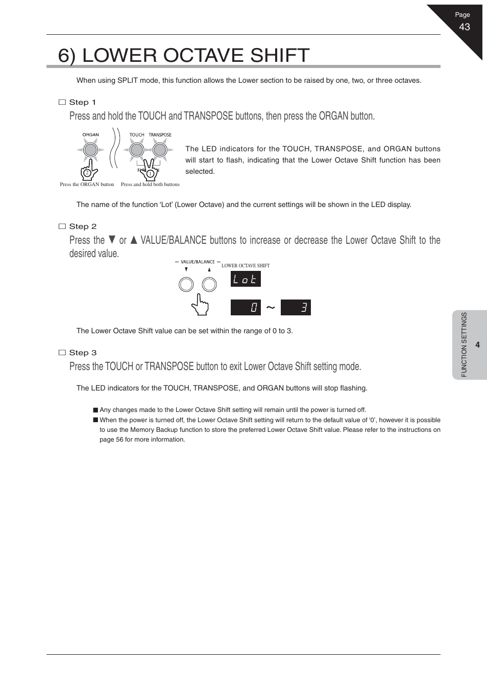 6) lower octave shift | Kawai EP3 User Manual | Page 43 / 66