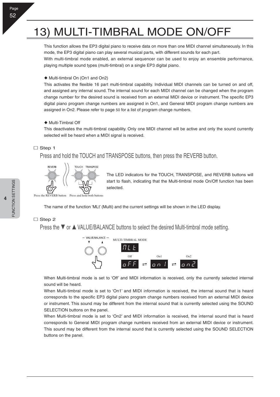 13) multi-timbral mode on/off | Kawai EP3 User Manual | Page 52 / 66