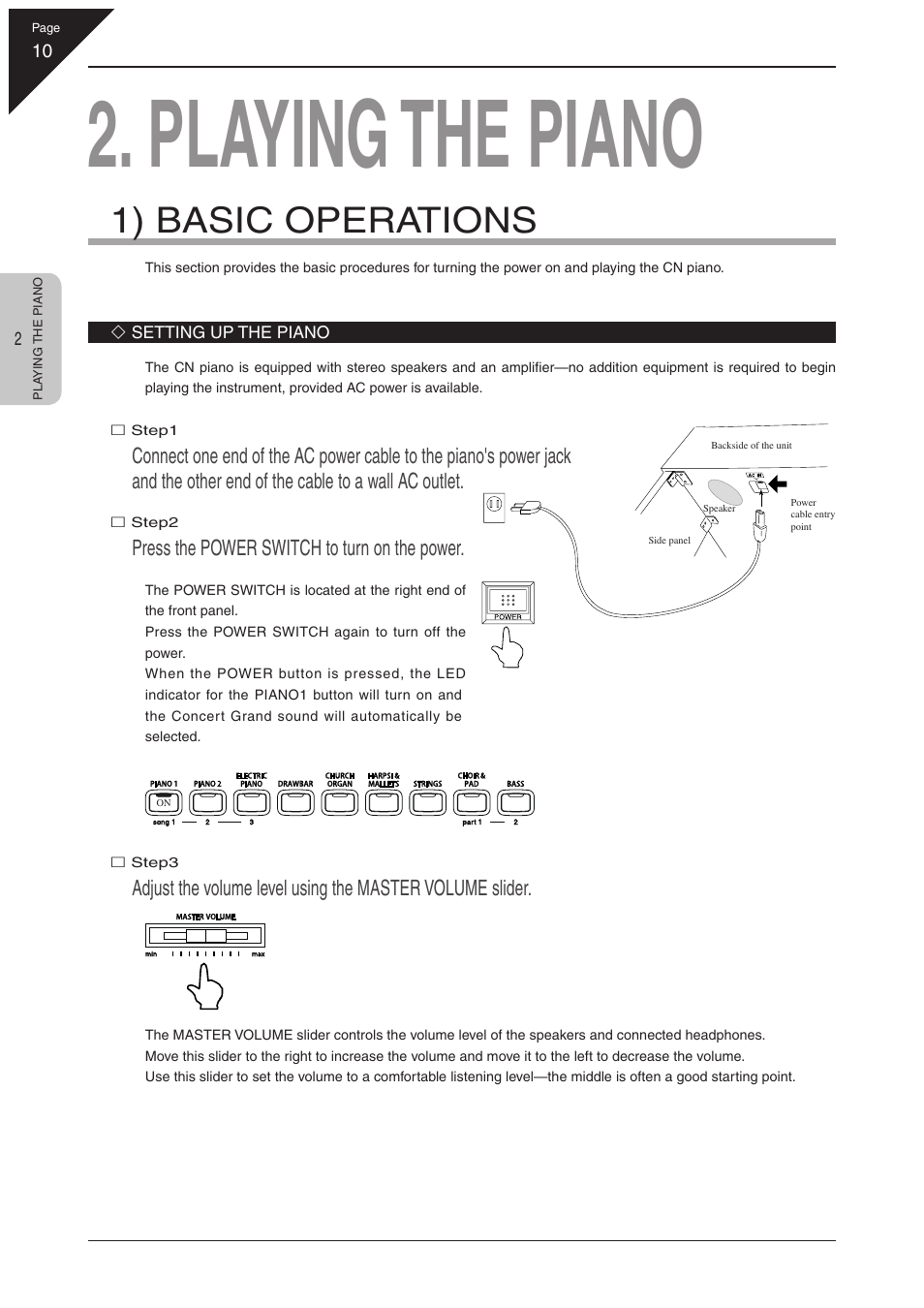 Playing the piano, 1) basic operations, Press the power switch to turn on the power | Kawai CN31 User Manual | Page 10 / 58