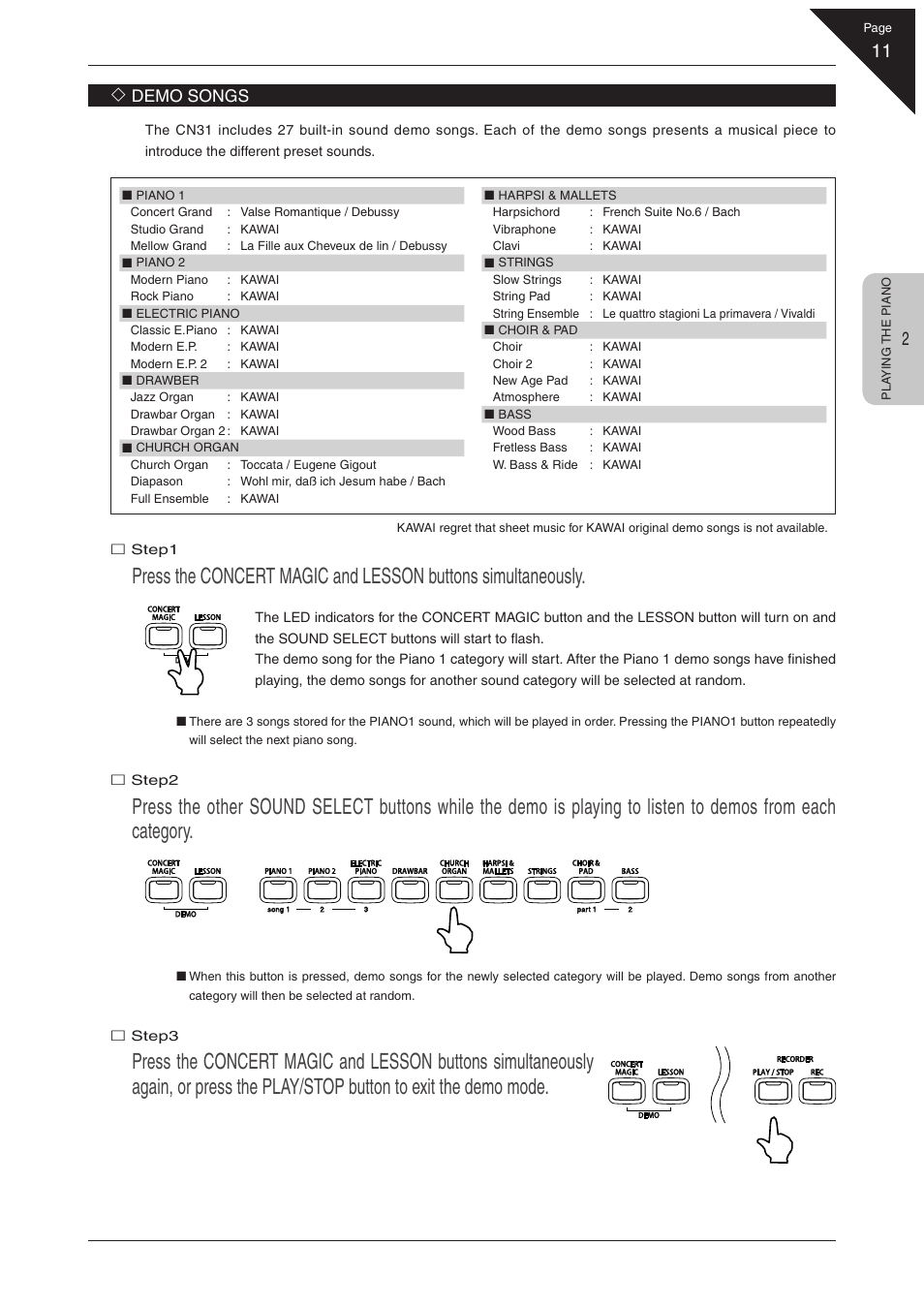 Demo songs | Kawai CN31 User Manual | Page 11 / 58