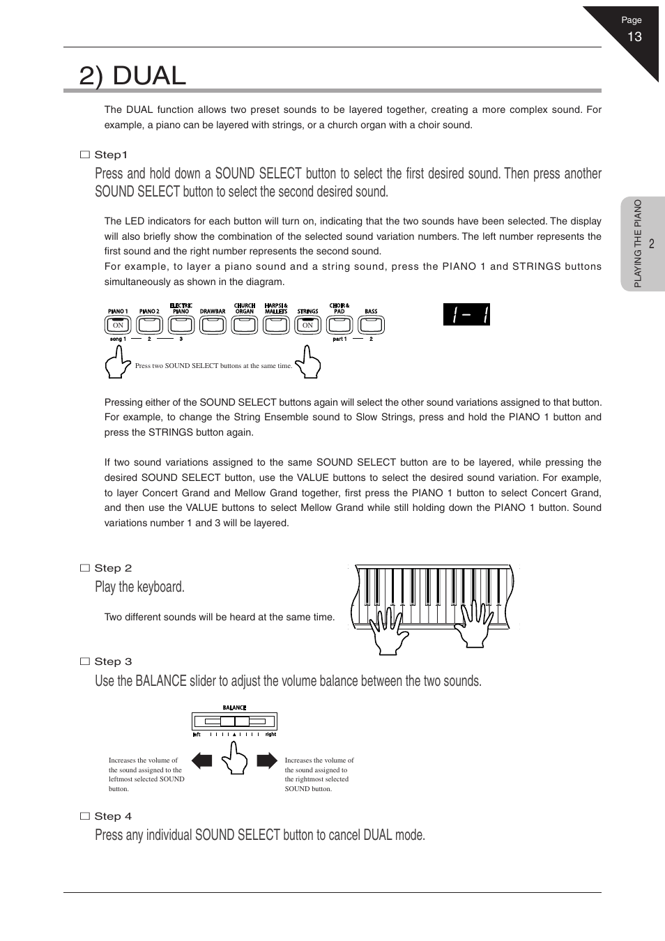 2) dual, Play the keyboard | Kawai CN31 User Manual | Page 13 / 58