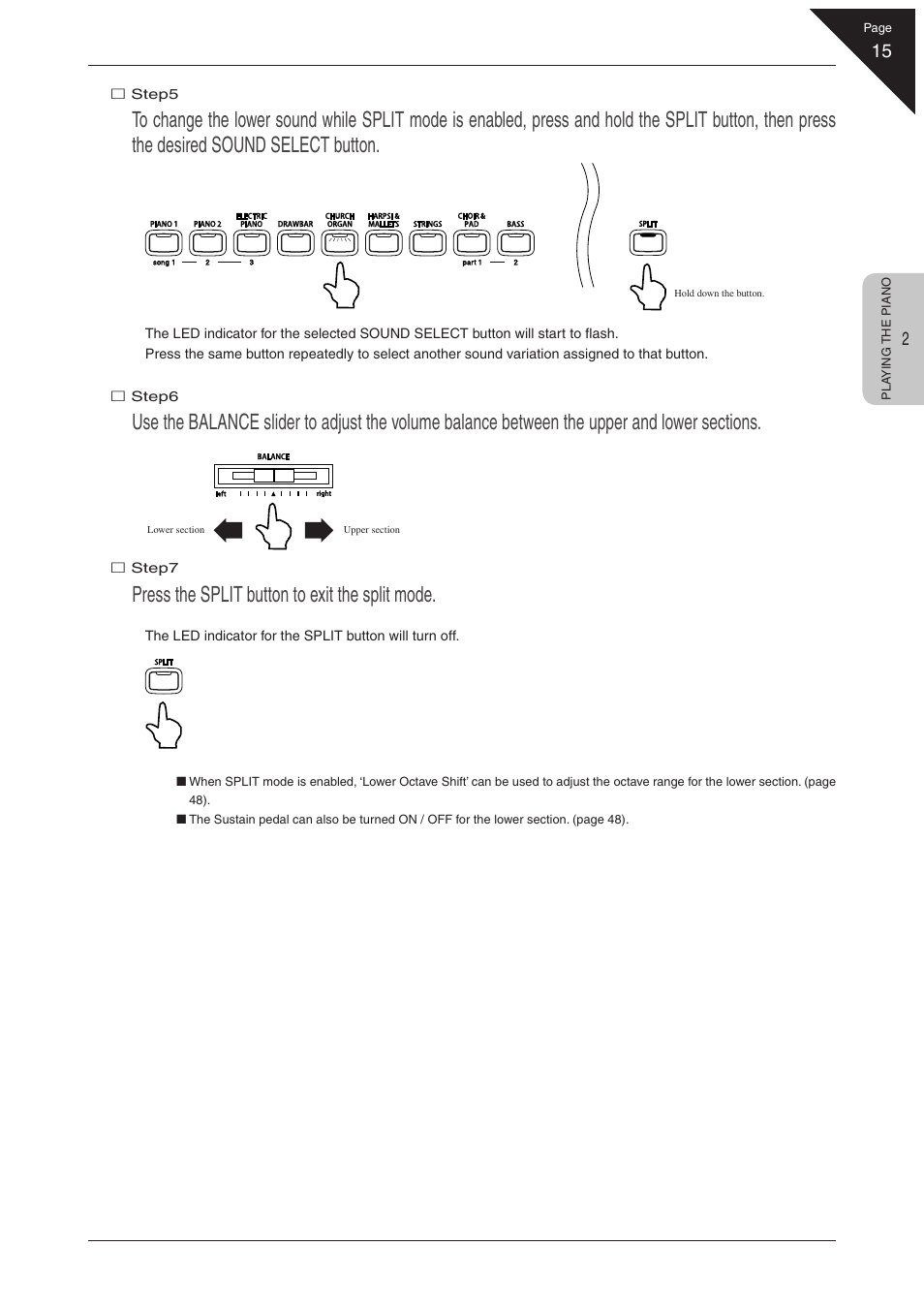 Press the split button to exit the split mode | Kawai CN31 User Manual | Page 15 / 58