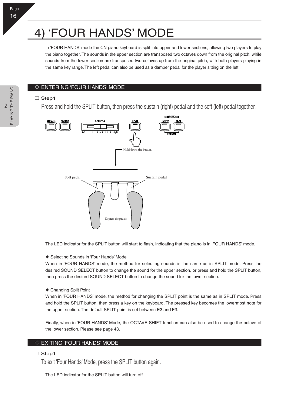 4) ‘four hands’ mode | Kawai CN31 User Manual | Page 16 / 58