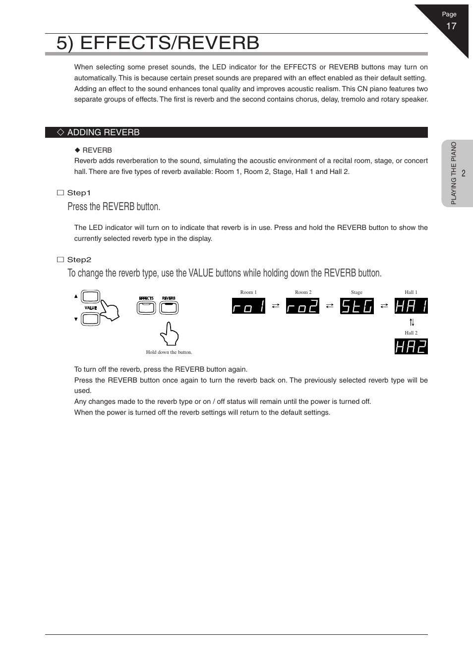 5) effects/reverb, Press the reverb button | Kawai CN31 User Manual | Page 17 / 58