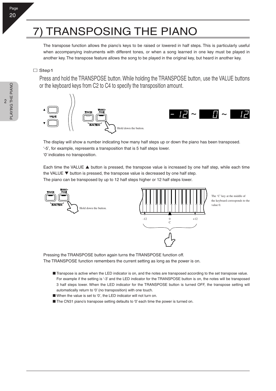 7) transposing the piano | Kawai CN31 User Manual | Page 20 / 58