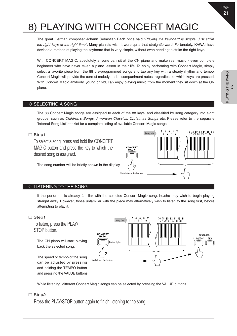 8) playing with concert magic | Kawai CN31 User Manual | Page 21 / 58