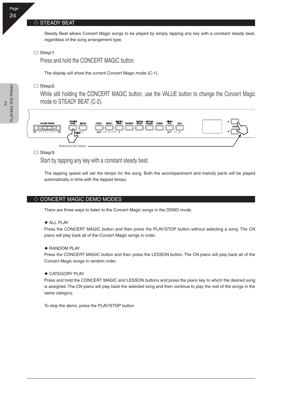 Press and hold the concert magic button | Kawai CN31 User Manual | Page 24 / 58