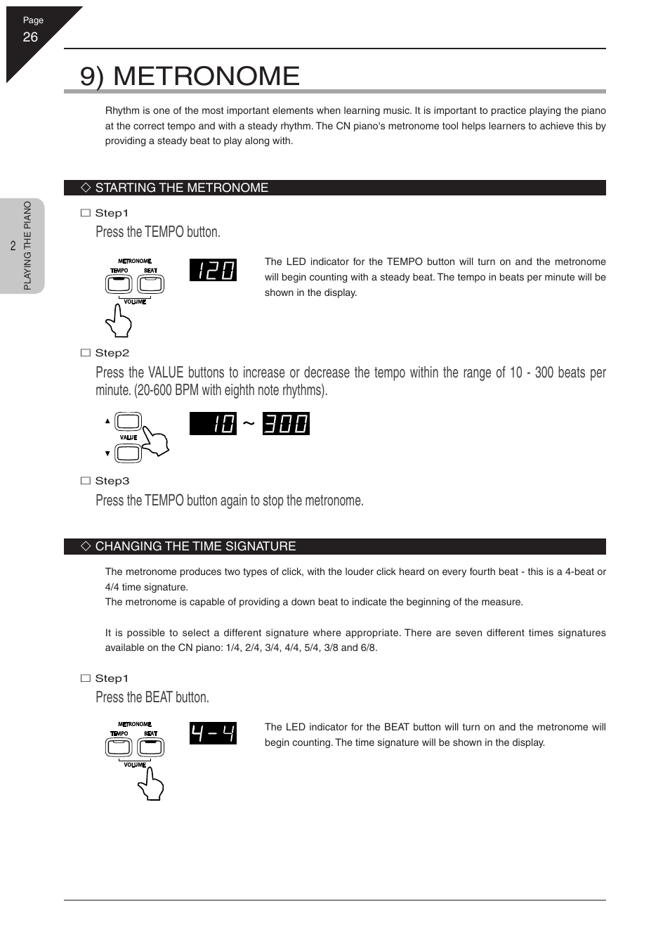 9) metronome, Press the tempo button, Press the tempo button again to stop the metronome | Press the beat button | Kawai CN31 User Manual | Page 26 / 58