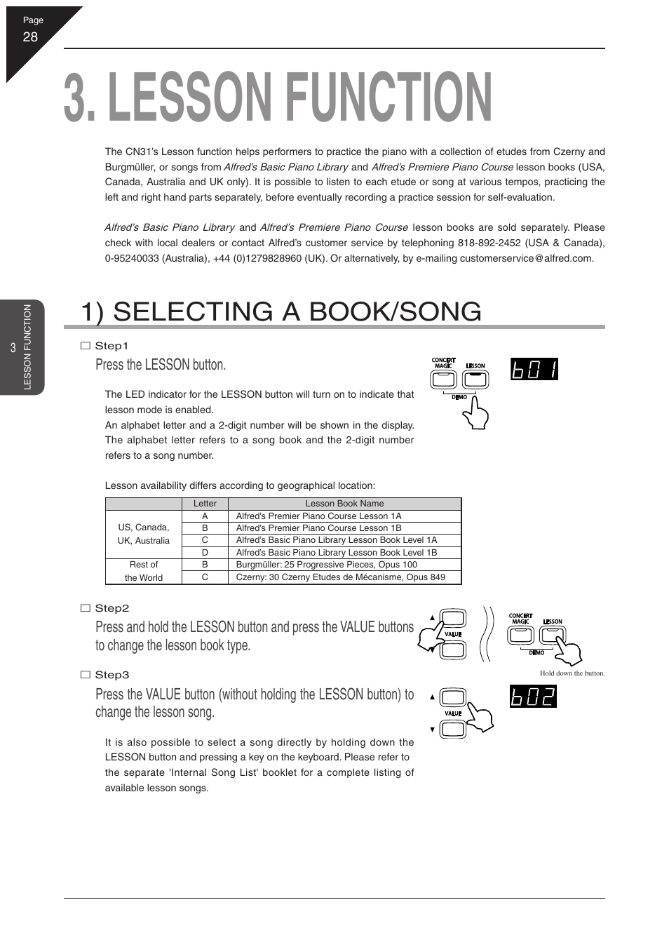 Lesson function, 1) selecting a book/song, Press the lesson button | Kawai CN31 User Manual | Page 28 / 58