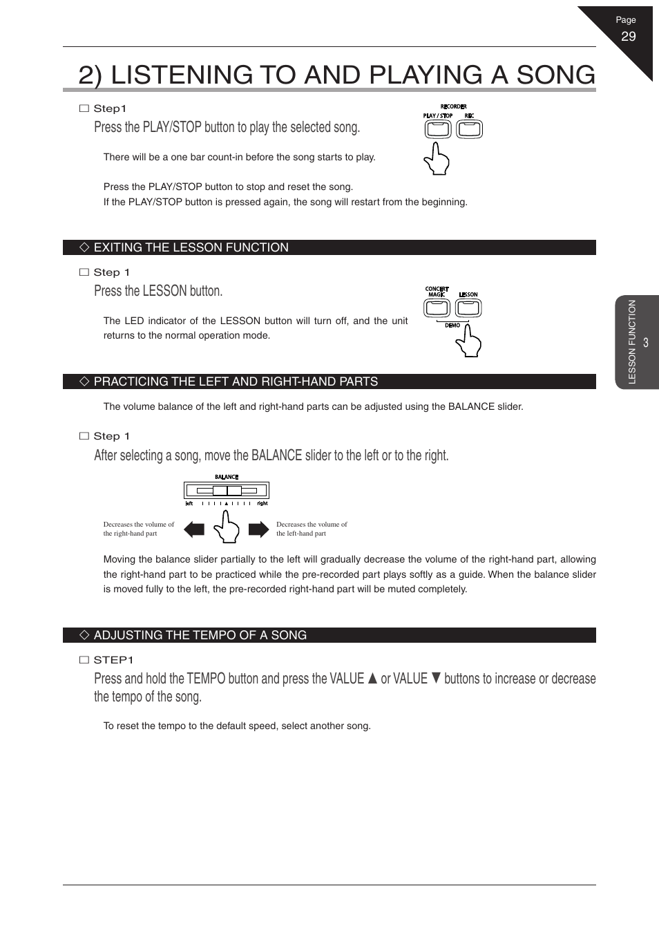 2) listening to and playing a song, Press the lesson button | Kawai CN31 User Manual | Page 29 / 58
