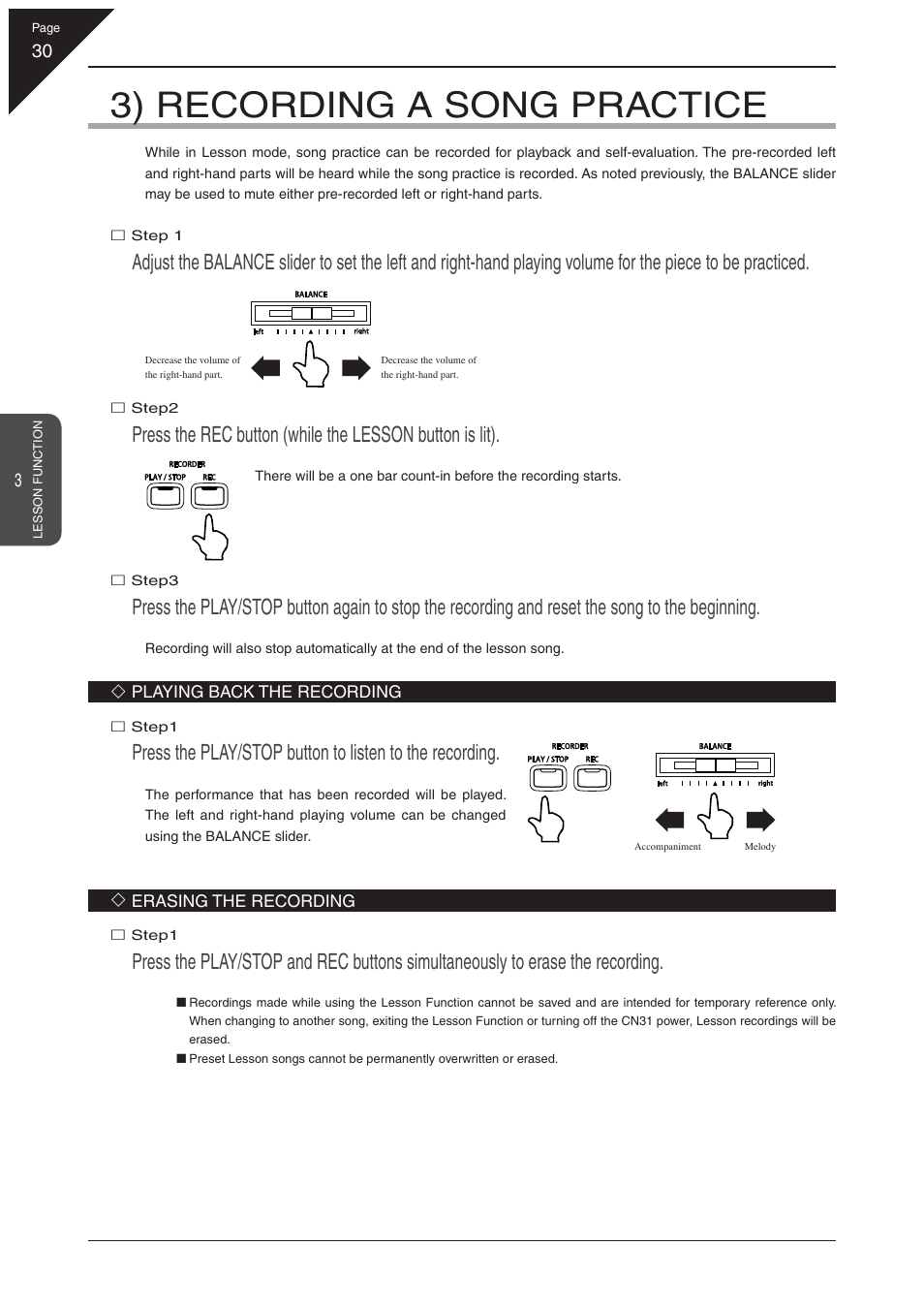 3) recording a song practice | Kawai CN31 User Manual | Page 30 / 58