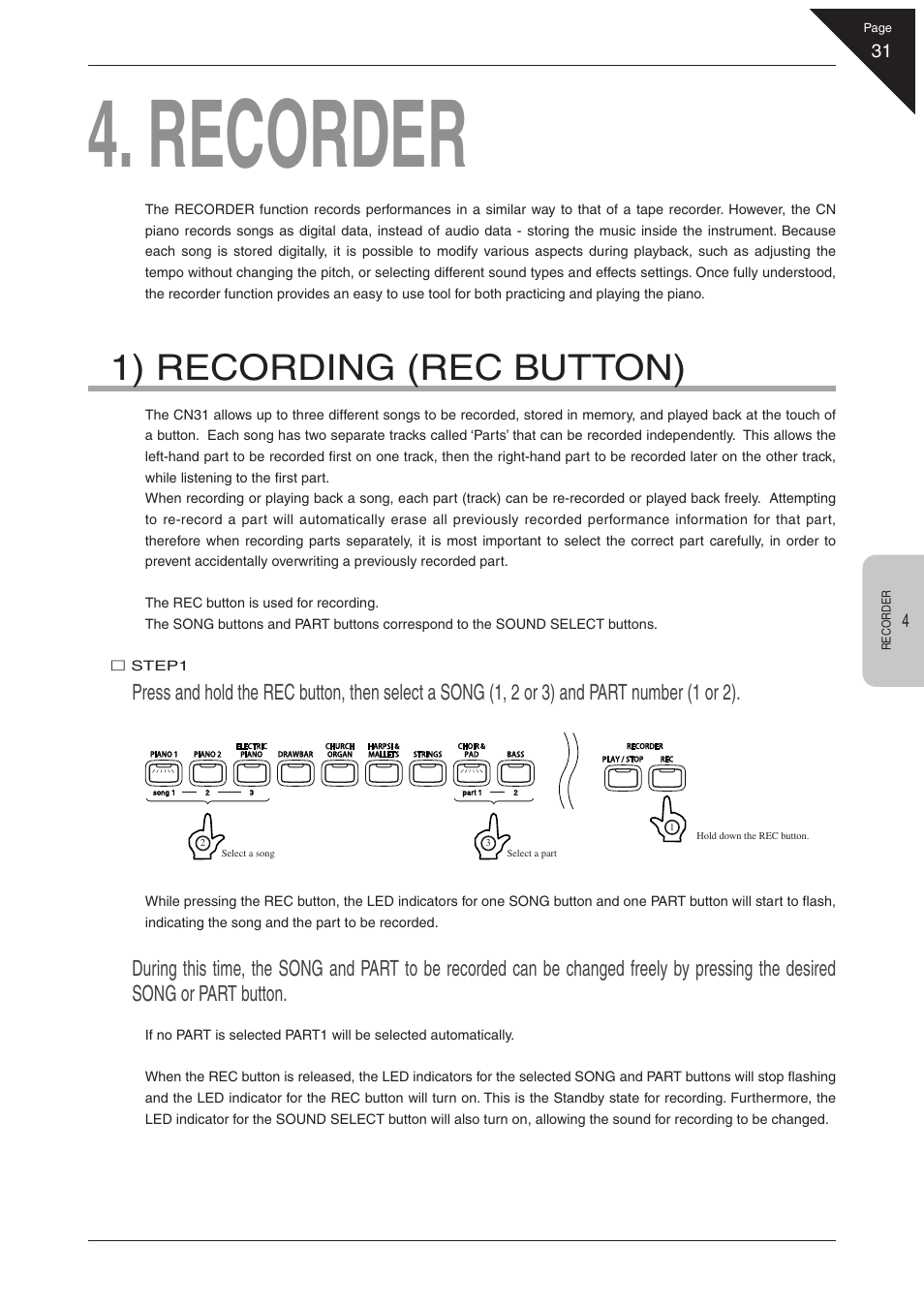 Recorder, 1) recording (rec button) | Kawai CN31 User Manual | Page 31 / 58